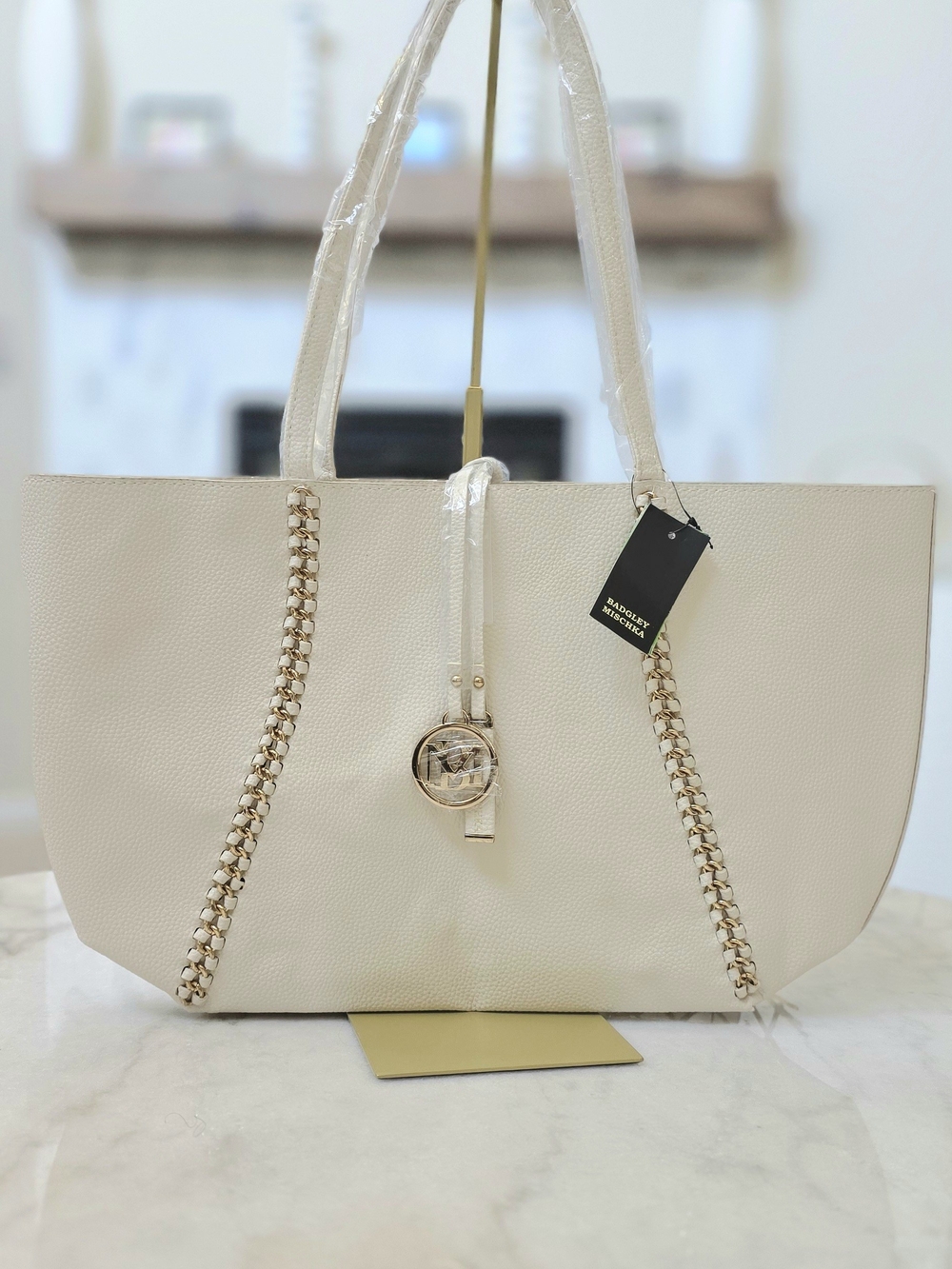 Badgley Mischka Decorative Chain Tote in Off-White